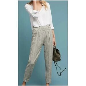 Anthropologie 100% linen high rise olive green tapered pants lagenlook